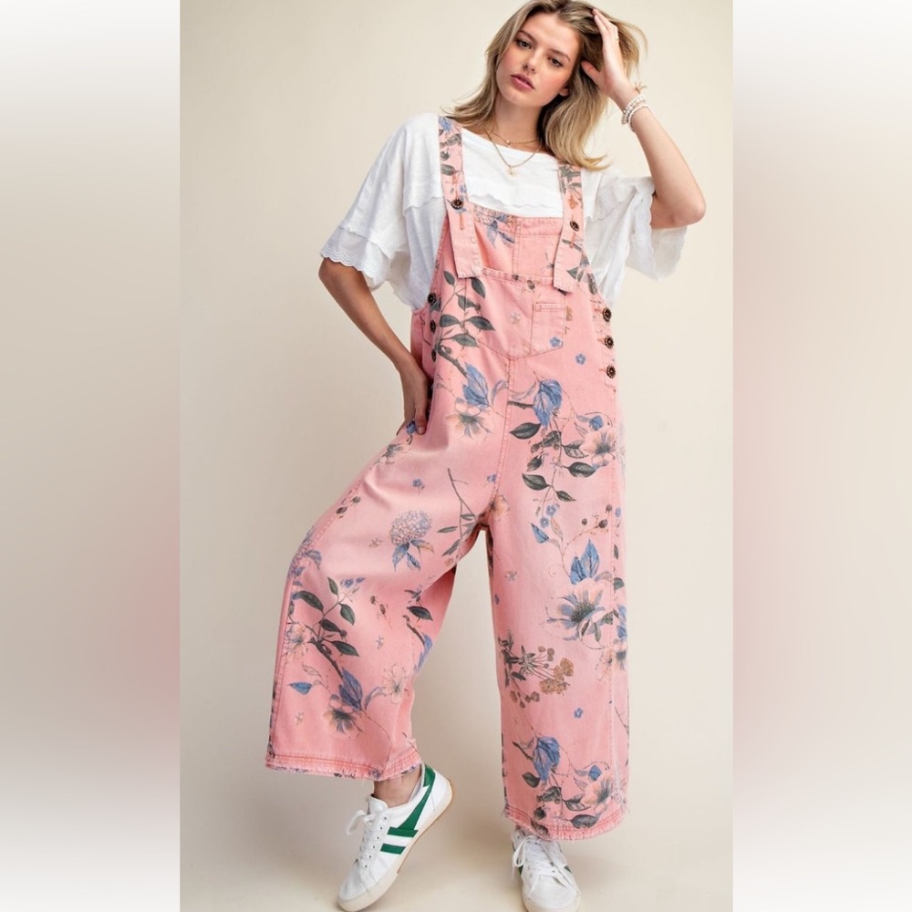 Easel Pink Floral Wide-Leg Overalls NWOT